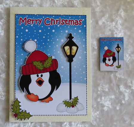 Christmas Cute Little Penguin Lamp Post 5x7 3D Decoupage by Faye Volo