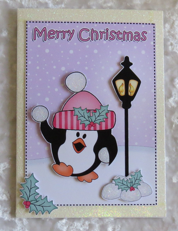 Christmas Cute Little Penguin Lamp Post 5x7 3D Decoupage by Faye Volo