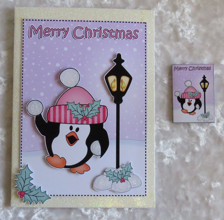 Christmas Cute Little Penguin Lamp Post 5x7 3D Decoupage by Faye Volo