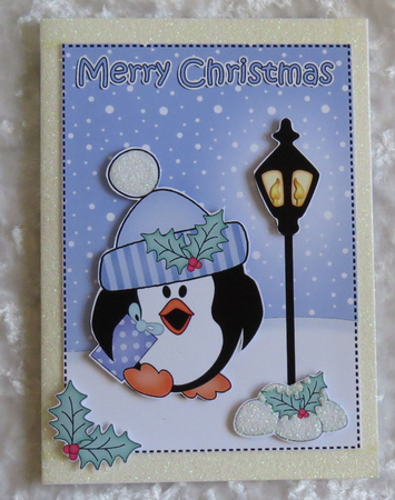Christmas Cute Little Penguin Lamp Post 5x7 3D Decoupage by Faye Volo