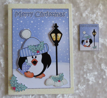 Christmas Cute Little Penguin Lamp Post 5x7 3D Decoupage by Faye Volo