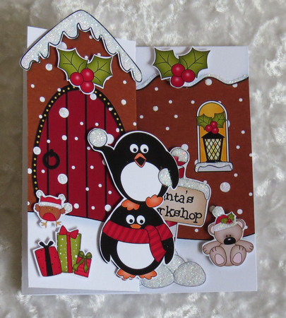 3D Shaped No-Hole Fold Back Christmas Card Mini Kit - Penguins are having a Snowball Fight by Faye Volo