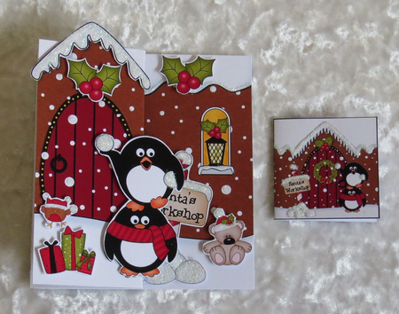 3D Shaped No-Hole Fold Back Christmas Card Mini Kit - Penguins are having a Snowball Fight by Faye Volo
