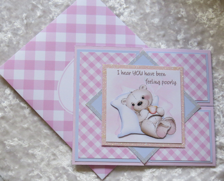 Feeling Poorly Teddy Dutch Door Sideways Fold Card by Faye Volo