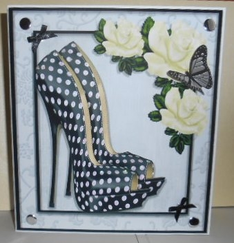 Beautiful Black Polka Dot Shoe with Cream Rose 8x8 by Fran Turner
