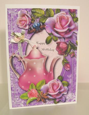 Deep Pink Teapot & Roses + Decoupage by Fran Turner