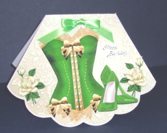 Pretty Green Basque with Shoes and Cream Roses Rocker Card by Fran Turner
