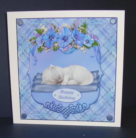White Baby Kitten Blue Card Topper & Decoupage by Fran Turner