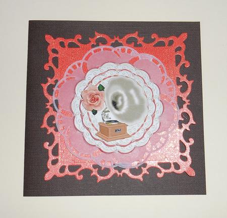 Vintage Gramophone with Peach Roses on Lace Rocker by Fran Turner
