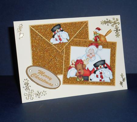 Santa & Friends on Gold Glitter Card & Envelope by Fran Turner