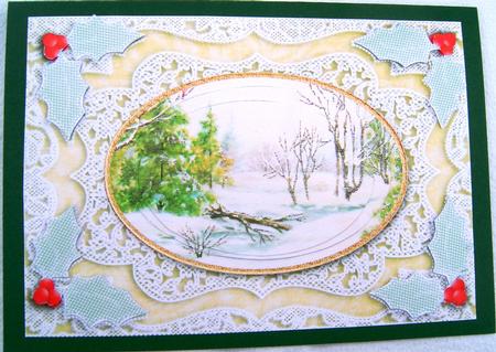 Christmas Snow Scene A5 Oval Lace Card Front Step by Step by Frances Dent