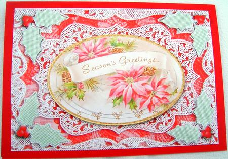 Seasons Greetings Poinsettias A5 Oval Lace Card Front by Frances Dent
