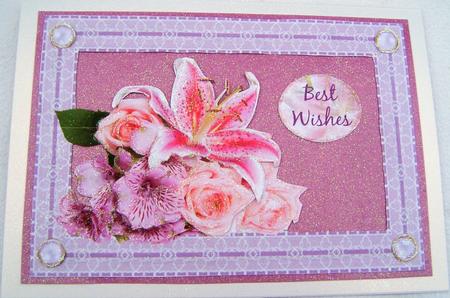 Pink Rose & Lily Lace Frame Card Front by Frances Dent