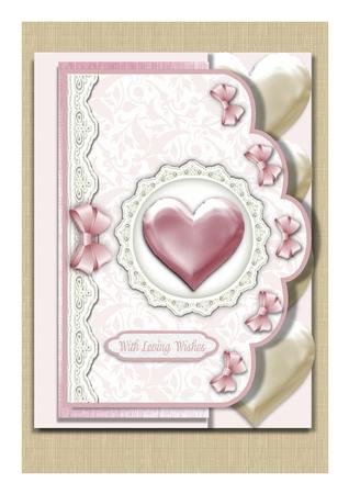 3D Heart in Pink and Cream on Scallop Edge Card Front by Frances Dent