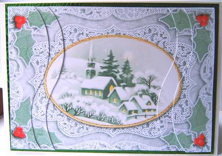 Christmas Snow Village Lace Swirvey Side Stacker by Frances Dent