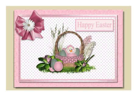 Pink Easter Card with Chick and Egg Basket by Frances Dent