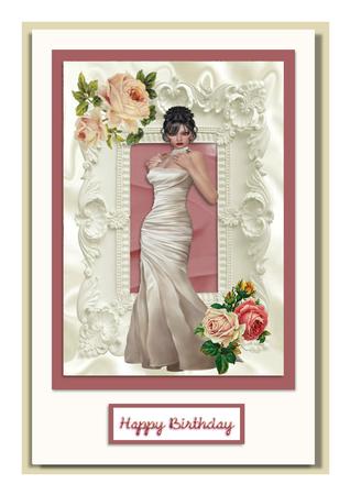 Elegant Lady in White Gown with Corner Roses, A4 Topper by Frances Dent