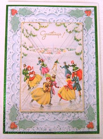 Christmas Skating A5 Lace Card Front Side Step Stacker by Frances Dent