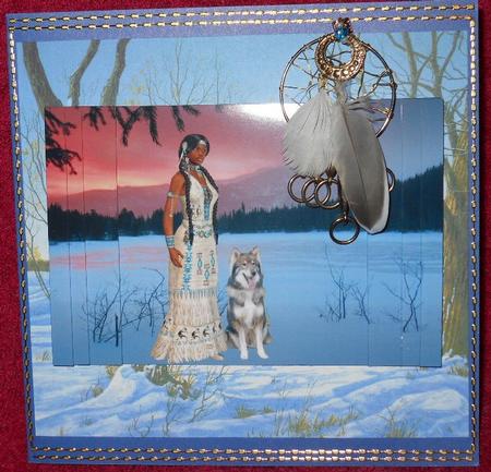 Native American Woman & Canadian Timber Wolf at Sunset Card by Gail Pennycuick