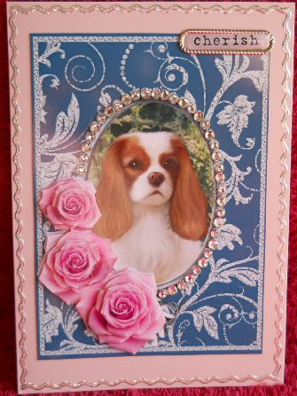 Pink Roses - King Charles Spaniel- Silver Teal Card Front by Gail Pennycuick