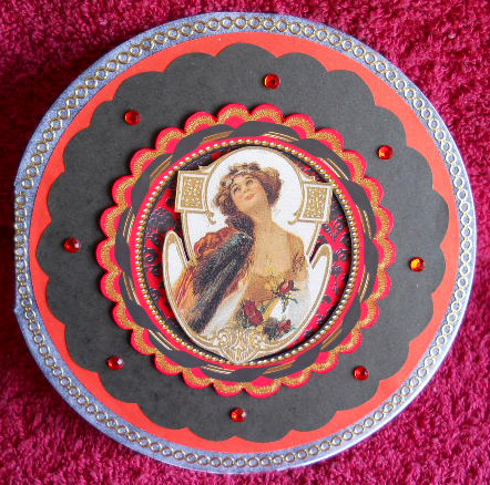 Red Black Damask Round Scallop Shaped Base and Shaker Frame by Gail Pennycuick