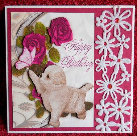 Cute White Puppy Reaching for Butterly in Pink Roses A4 by Gail Pennycuick