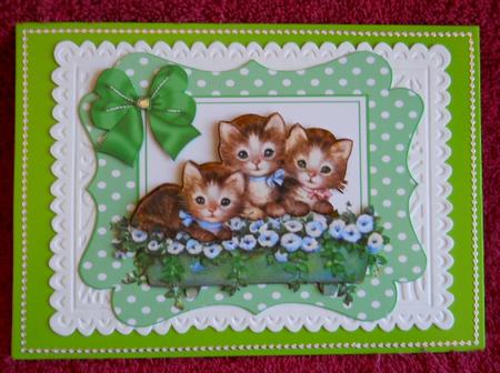 Little Kitties in Green Gingham Frame with Bow by Gail Pennycuick