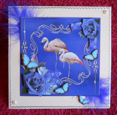 Pink Flamingos with Blue Rose and Butterfly Decoupage by Gail Pennycuick