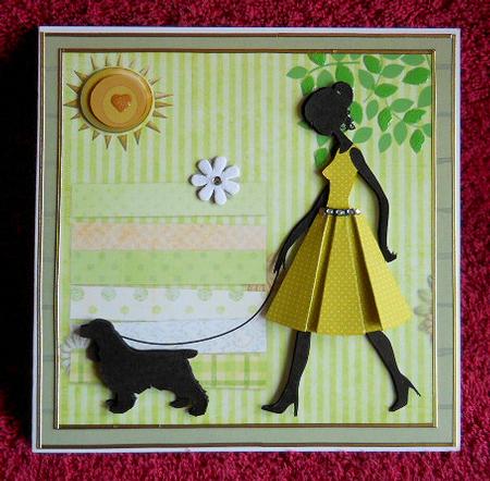 Walking the Dog Yellow Polka Dot Folded Skirt Dress Card Kit by Gail Pennycuick