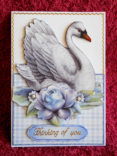 Beautiful White Swan with Blue Roses Over the Edge Crd by Gail Pennycuick