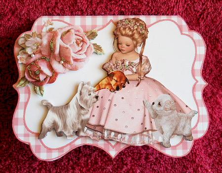 Pretty Girl with Her Puppies Sitting in Gingham Bracket Crd by Gail Pennycuick