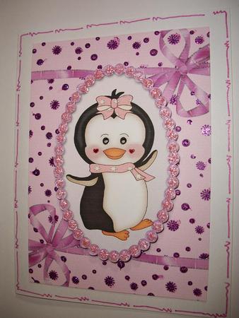 Cute Girl Penguin in Pink Frame with Corner Bows by Geri Stringer