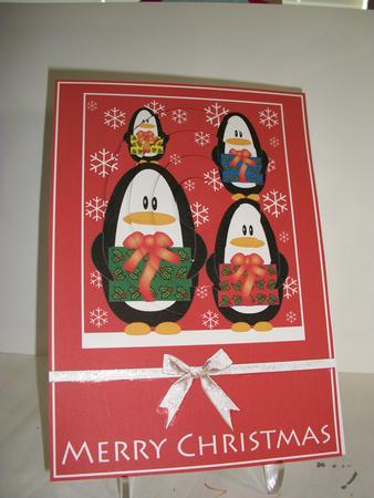 Christmas Penguins Pyramid Card Front by Geri Stringer