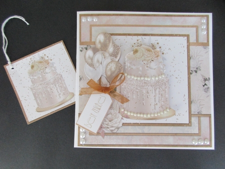 6 x 6 Card Insert Gold Floral Celebration Cake on Shabby Ivory Floral Background, Blank by Gillian Birch