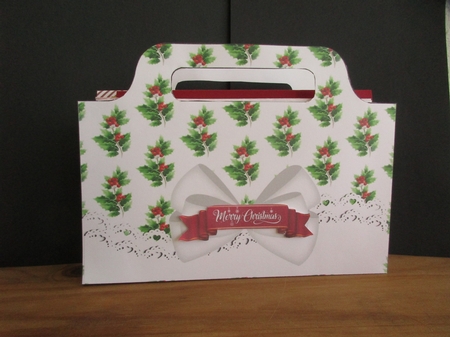 Lovely holly and berry tote gift bag with lace/white bow by Gillian Birch