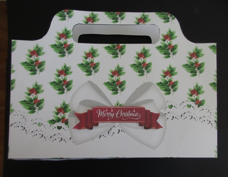 Lovely holly and berry tote gift bag with lace/white bow by Gillian Birch