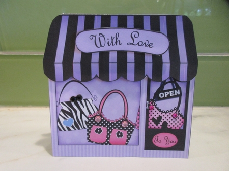 Funky Bags Shop Shaped Card with Decoupage N Greetings by Gillian Birch