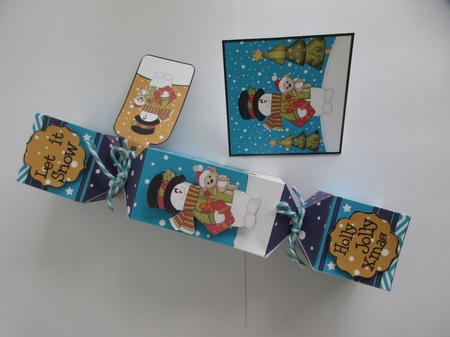3D Christmas Cracker Boxes Snowman Rio has a Present & Teddy by Gillian Birch