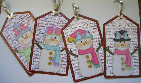 4 Pink Snow Girl Tag Toppers by Gill Busby