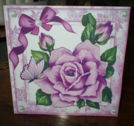 pretty painted big lilac rose, with pearls and butterflies 8x8 by Gill Dean
