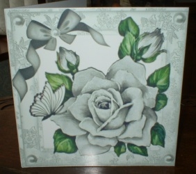 pretty painted big silver rose, with  bow and butterflies by Gill Dean