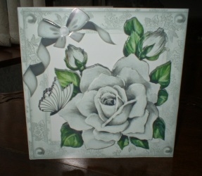 pretty painted big silver rose, with  bow and butterflies by Gill Dean