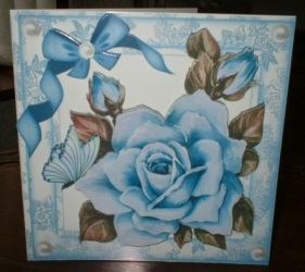 pretty painted big blue rose, with  bow and butterflies by Gill Dean