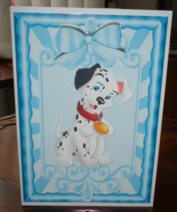 Cute Dalmation on a plaque with blue bow & stripes A5 by Gill Dean