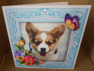Corgi Puppy Dog & Pansies 8 x 8 Card Topper With Decoupage by Gill Dean