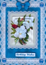 Camelias 'n Lace in Blue Pyramid Card Front by Gill Dean