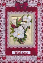 Camelias 'n Lace in Red Pyramid Card Front by Gill Dean