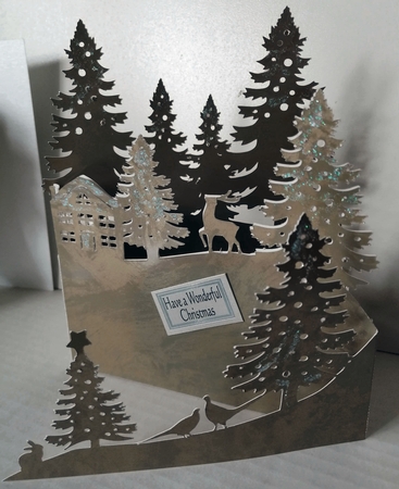 Christmas Fir Trees ,Reindeer Country Scene Tri Fold Card by Gill Gardiner