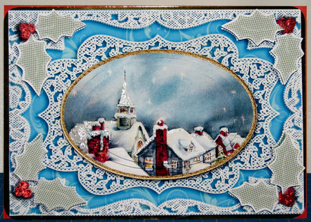 Christmas Rooftops A5 Lace Oval Card Front Step by Step by Gill Gardiner