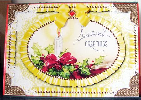 Seasons Greetings Candle Lace N Ruffle Card Front by Gill Gardiner